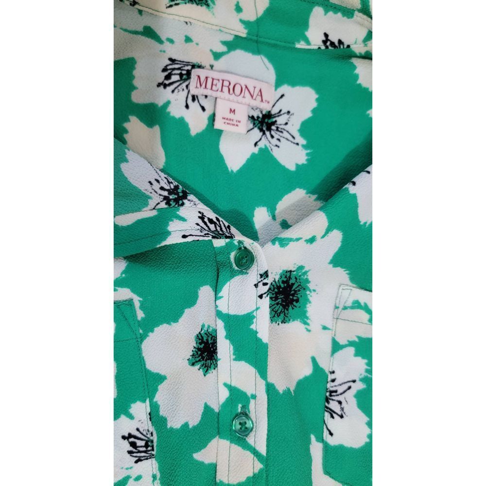 Merona Shirt Top Blouse Women's Medium Button Down Floral Tank Green and Cream - Picture 6 of 9